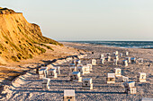 Roofed wicker beach chairs at beach, Rotes Kliff, Kampen, Sylt, Schleswig-Holstein, Germany