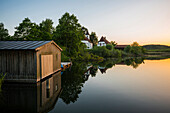 Lake Seeon at sunset, Seeon-Seebruck, Chiemgau, Upper Bavaria, Bavaria, Germany