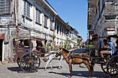 Horse drawn carriages in the historical city of Vigan City, UNESCO World Heritage Site, Ilocos Sur province, on the main island of Luzon, Philippines, Asia