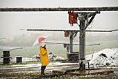 Solar park in winter, woman standing in the snow with umbrella, Edertal, Hesse, Germany, Europe