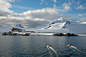 Zwei Zodiacs von Expeditions-Kreuzfahrtschiff MS Hanseatic (Hapag-Lloyd Kreuzfahrten) fahren zur Anlandung in Richtung einer verschneiten Felsklippe nach Halfmoon Island/Whalers Bay, Südshetland Inseln, Antarktis