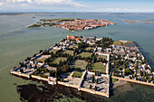 Aerial photo, Island of San Michele, cemetery of Venice, background is Murano Island, Venice, lagoon, Italy