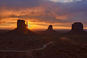 dramatic sunrise at Monument Valley, Arizona-Utah border.