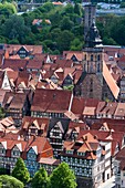 Overview of the picturesque town of Hannoversch Muenden on the German Fairy Tale Route, Lower Saxony, Germany, Europe