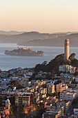 Coit Tower and Alcatraz at sunrise, San Francisco, California, USA