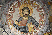 Greece, Chalkidiki, Mount Athos peninsula, listed as World Heritage, Dochiariou monastery, Main gate, Cupola of Christ Pantocrator.
