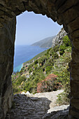 Greece, Chalkidiki, Mount Athos, World Heritage site, Tunnel near Skete (monastic settlement) Aghia Annas.