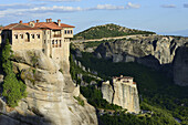 Greece, Thessaly, Meteora, World Heritage Site, Varlaam monastery and Roussanou (Agia Barbara) nunnery.