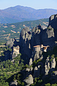 Greece, Thessaly, Meteora, World Heritage Site, Roussanou (Agia Barbara) nunnery and Agios Nikolaos Anapafsas (St Nicholas Anapausas) monastery.