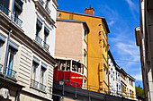 Funicular. France, Rhone, Lyon, historical site listed as World Heritage by UNESCO, Vieux Lyon Old Town.