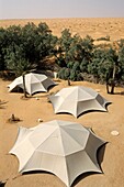 tents of Pansea Hotel & resort, Ksar Ghilane oasis on the edge of the Sahara desert, Tunisia, North Africa.