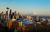 Washington, Seattle, Cityscape Of The Space Needle And Mount Rainier.