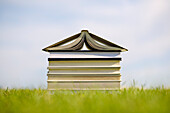 Books On Lawn Stacked In Shape Of A House