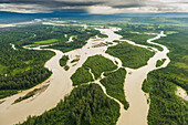 Aerial of the Skwentna river, view to the north, southcentral Alaska.