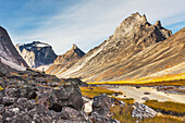 Hiker stands on a boulder in the Arrigetch Creek valley, Morning light on Xanadu, Arial and Caliban peaks, Arrigetch Peeks, Gates of the Arctic National Park, Alaska.