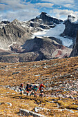 Five backpackers trek along the mountains at the base of Arrigetch Creek, Arrigetch Peaks, Gates of the Arctic National Park, Alaska.