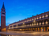 'Building in Piazza San Marco illuminated at dusk; Venice, Veneto, Italy'