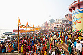 'Crowd of pilgrims at the ghats on the ganges; Varanasi, India'