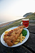 'Fish and chips in a pub on the Dorset coast in a sea town; Dorset, England'