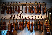 'Repaired violins and violas on racks in The Sound Post repair shop; Toronto, Ontario, Canada'