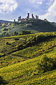 'Buildings on a hilltop surrounded by farmland; San Gimignano, Tuscany, Italy'