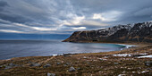 View down to Unstad beach, Vestv?•g??y, Lofoten Islands, Norway