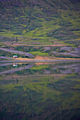 mountainside reflects in the lake Ljosavatn in north Iceland