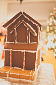 Gingerbread house in the making with Christmas Tree in the background.