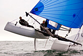 'Yvan Bourgnon and Joris Cocaud training before the attempt of the around Corsica Island record on the Nacra F20 Carbon ''Atlantis Television'', Porticcio, Corsica, France.'