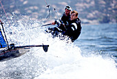 'Yvan Bourgnon and Joris Cocaud training before the attempt of the around Corsica Island record on the Nacra F20 Carbon ''Atlantis Television'', Porticcio, Corsica, France.'