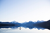 A man stand up paddle boards (SUP) on a calm Lake McDonald at sunrise in Glacier National Park near West Glacier, Montana.