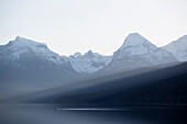 Ducks cross a calm Lake McDonald at sunrise in Glacier National Park near West Glacier, Montana.