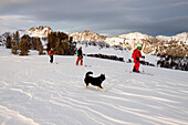 Three backcountry skiers and their dog ski across a ridge at sunset in the Beehive Basin near Big Sky, Montana.
