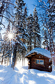 'View of a public use log cabin at Byers Lake in fresh snow under a sun burst, Interior Alaska; Alaska, United States of America'