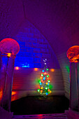 'An ice carved Christmas tree at the Christmas themed guest room in Aurora Ice Hotel Museum, Chena Hot Springs Resort; Fairbanks, Alaska, United States of America'