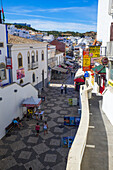 Looking from above the tunnel onto markets and stalls, Old Town, Albufeira, Algarve, Portugal, Europe
