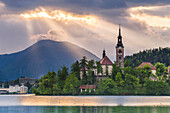 Lake Bled sunrise landscape, showing Lake Bled Church on the Island, Gorenjska Region, Slovenia, Europe