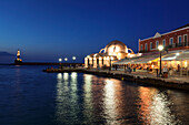 Lighthouse at Venetian port and Turkish Mosque Hassan Pascha at night, Chania, Crete, Greek Islands, Greece, Europe