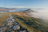Fog and frosty path, Edale and Hope Valleys, Great Ridge Hollins Cross Mam Tor, Castleton, Peak District, Derbyshire, England, United Kingdom, Europe