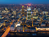 Aerial London Cityscape dominated by Walkie Talkie tower at dusk, London, England, United Kingdom, Europe