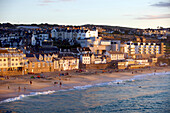 Overlooking Porthmeor Beach in St. Ives at sunset, Cornwall, England, United Kingdom, Europe