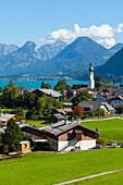 Elevated view over St. Gilgen, Wolfgangsee, Flachgau, Salzburger Land, Upper Austria, Austria, Europe
