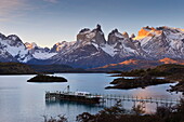Boat dock and Paine mountains at sunset, Torres del Paine National Park, Patagonia, Chile, South America