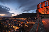 Heidelberg Altstadt and Castle ruins with Neckar River at night, Heiligenberg, Baden Wurttemberg, Germany, Europe