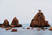 Full moon rising over rock stacks, Hashikuiiwa, Wakayama Prefecture, Honshu, Japan, Asia