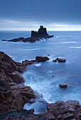 Twilight view from Land's End cliffs towards The Armed Knight island, Cornwall, England, United Kingdom, Europe