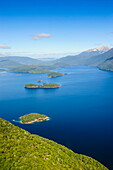 Aerial of a huge fjord in Fiordland National Park, UNESCO World Heritage Site, South Island, New Zealand, Pacific