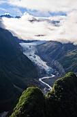 Aerial of Fox Glacier, Westland Tai Poutini National Park, South Island, New Zealand, Pacific