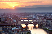 Sunset view over Florence and the Ponte Vecchio from Piazza Michelangelo, Florence, UNESCO World Heritage Site, Tuscany, Italy, Europe