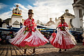 Dancers in traditional costume, Fiesta de la Virgen de la Candelaria, Copacabana, Lake Titicaca, Bolivia, South America